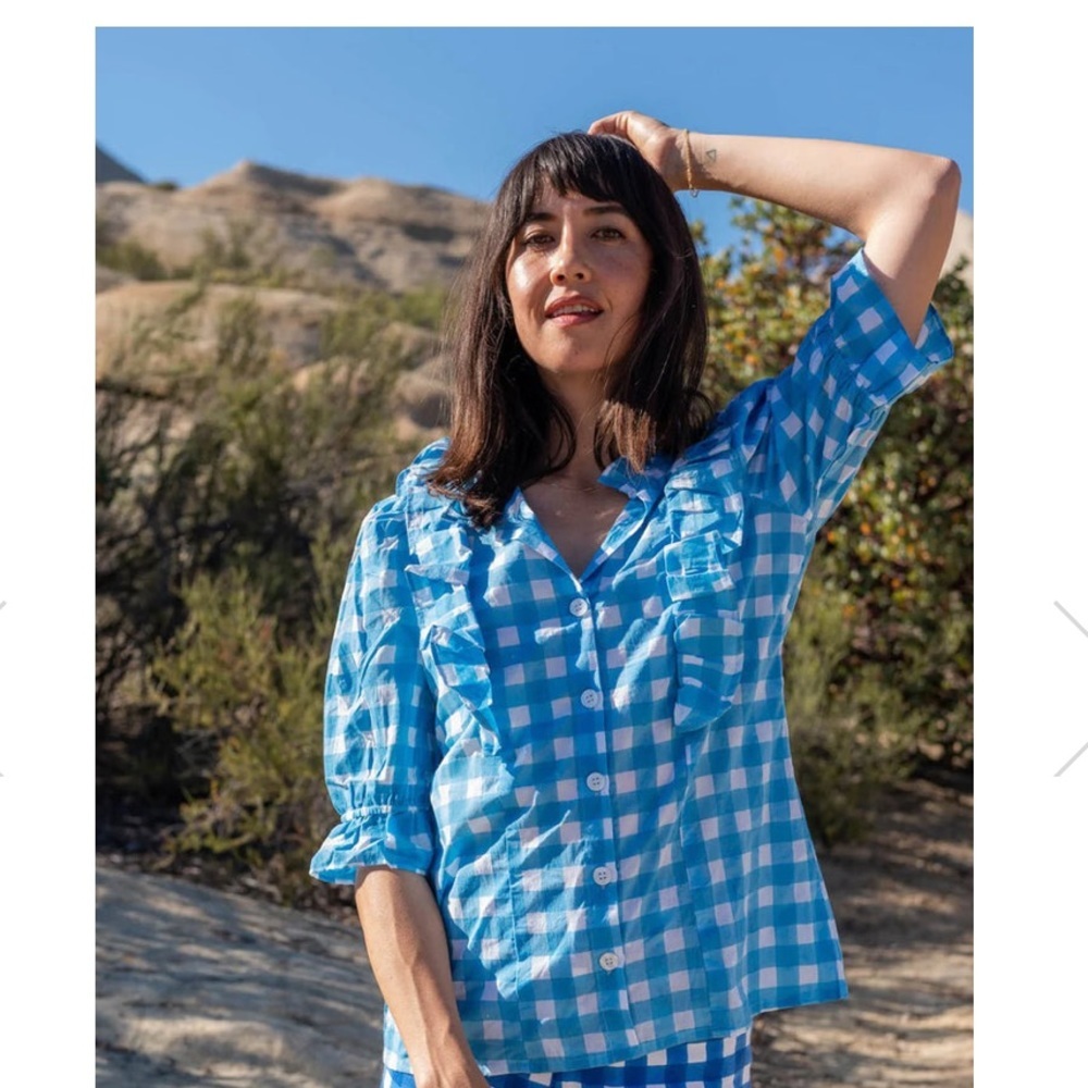 NWT SZ Blockprints from Tuckernuck Hartley Top Cornflower Blue Gingham C…